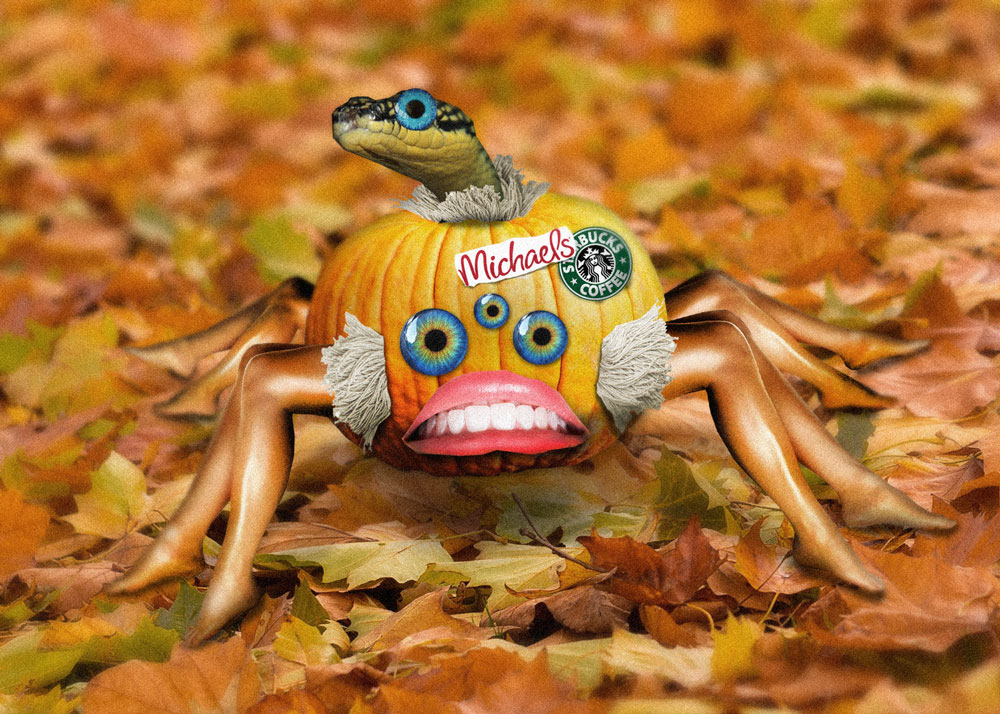 A spider with a pumpkin body, with eight human legs, three colorful glass eyes in the middle of the body, a turned around human mouth and a snake protruding from the top of the pumpkin, resting on a layer of fall leaves.